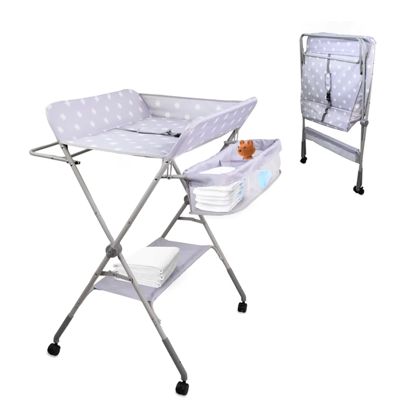 Mobiclinic®, Baby Changing Table, Foldable, Height Adjustable, Up to 15 kg, 0-36 Months, Diaper Organizer, 360° Wheels with Brake, Harness and Safety Fence, Washable Cover, Storage, Zoey