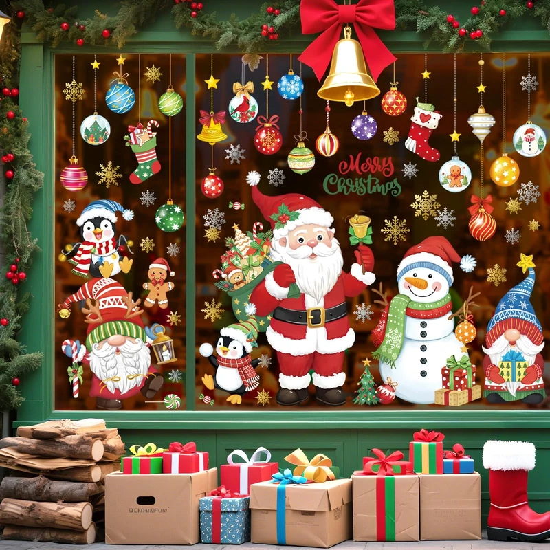 decalmile Christmas Santa Claus Snowman Double Sided Window Clings Xmas Snowflakes Gnome Penguin Anti-Collision Glass Doors Window Stickers Decals