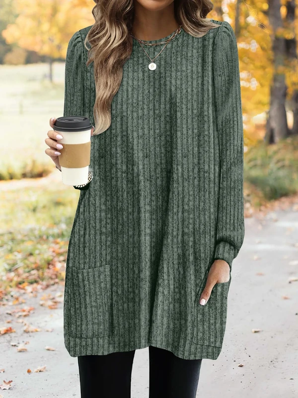 Generic Women Long Sleeve Tunic Sweater - Green XL Fit with Pockets