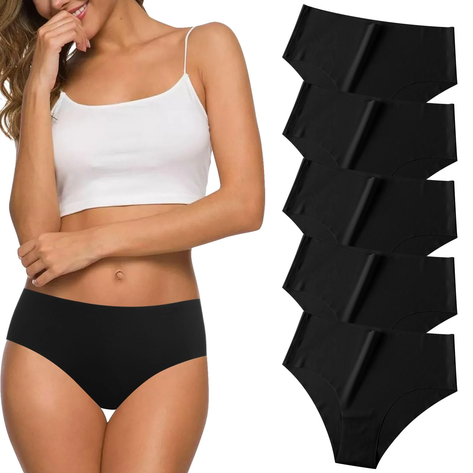 Risipu 5 Pack Seamless Underwear for Women No Show Hipster Bikini Panties Mid Rise Cheeky Breathable Soft Invisible Briefs (UK, Alpha, M, Regular, Regular, Black)
