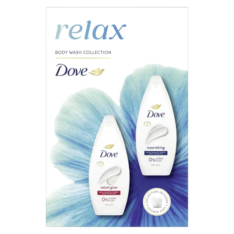 Dove Relax Duo Gift Set Body Wash Collection with a shower puff perfect gifts for her 2 piece