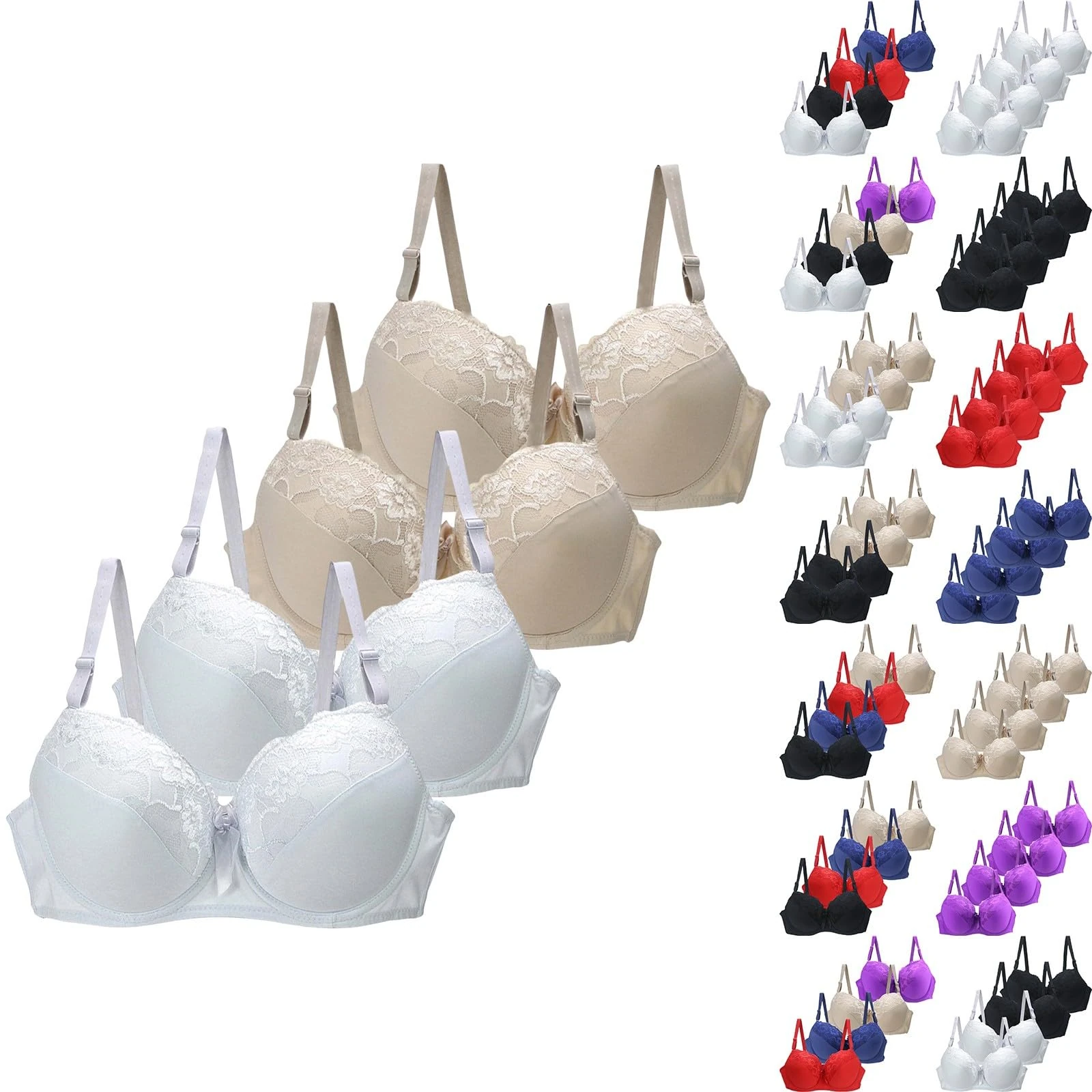 4PCS Ladies Underwired Bras for Women UK Push up Support Bras for Large Breasts Comfort Older Womens Plus Size Adjustable Shoulder Strap Underwear Sexy Lace Bra Lingerie White Women's Everyday Bra