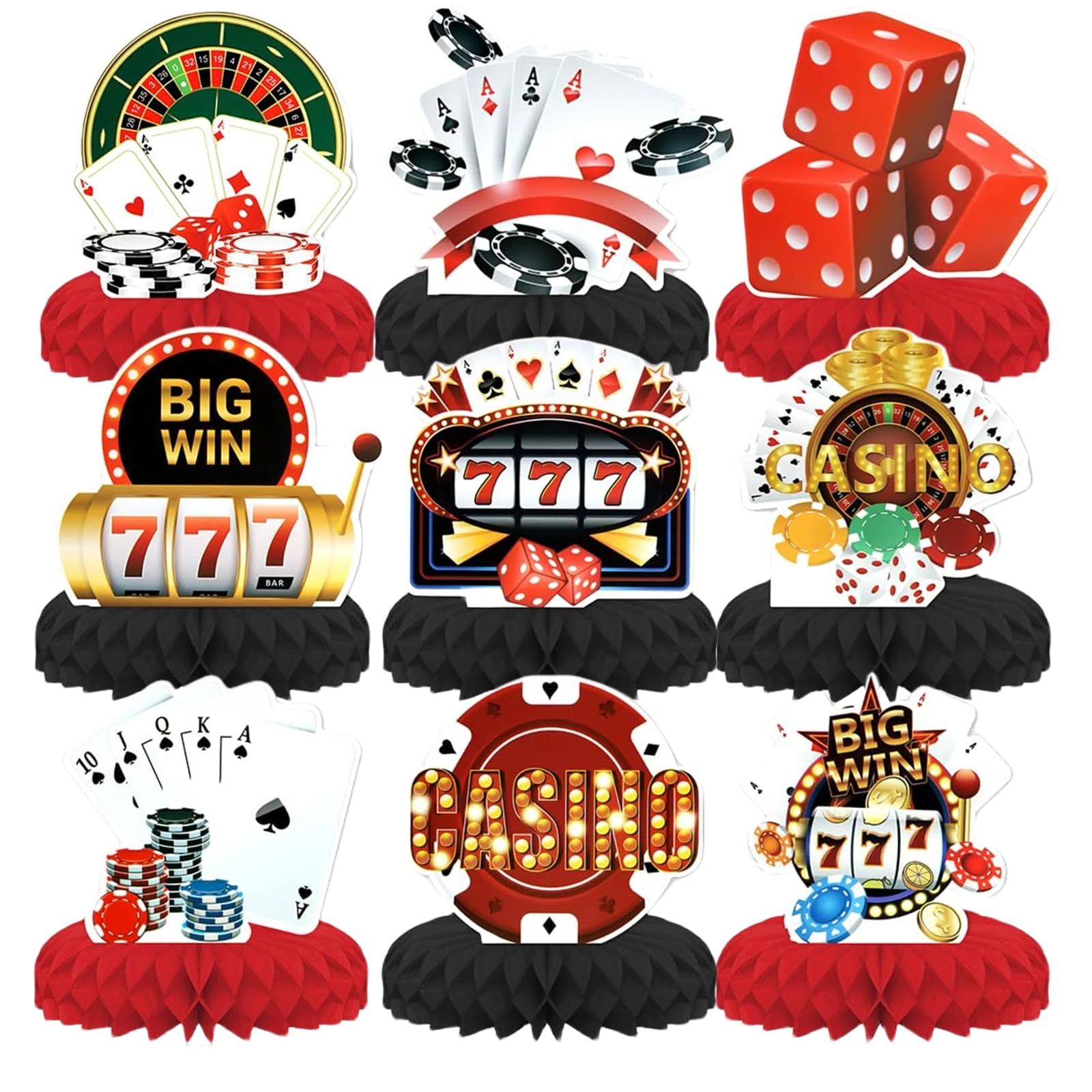 Kotkiddy 9 Piece Casino Theme Party Decor, Casino Table Decorations Honeycomb Decor 3D Casino Theme Party Accessories Boys
