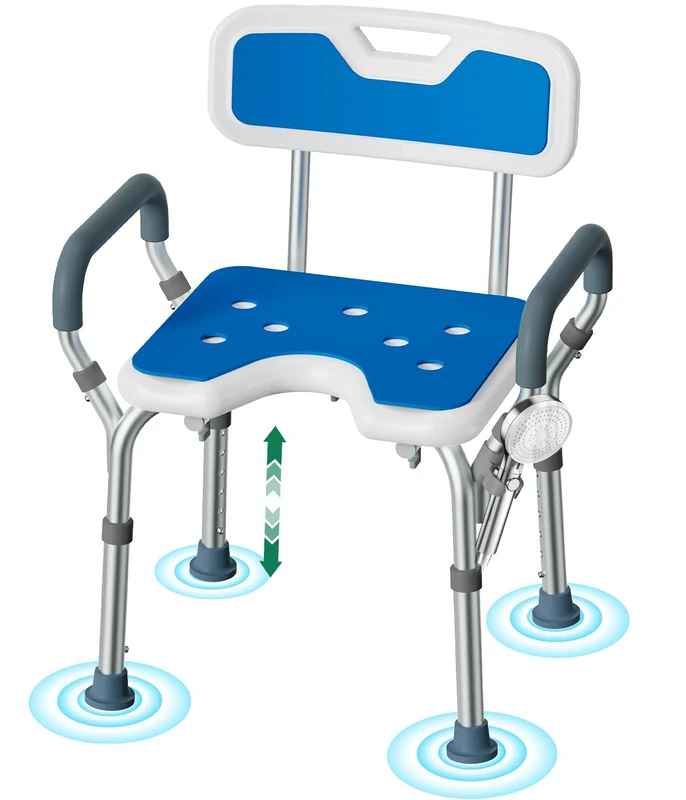 Luckfaith Shower Chair with Arms & Adjustable Height – Non-Slip U-Shaped Shower Seat with Padded Backrest & Armrests, Lightweight Bathroom Stool for Elderly, Disabled & Post-Surgery Users
