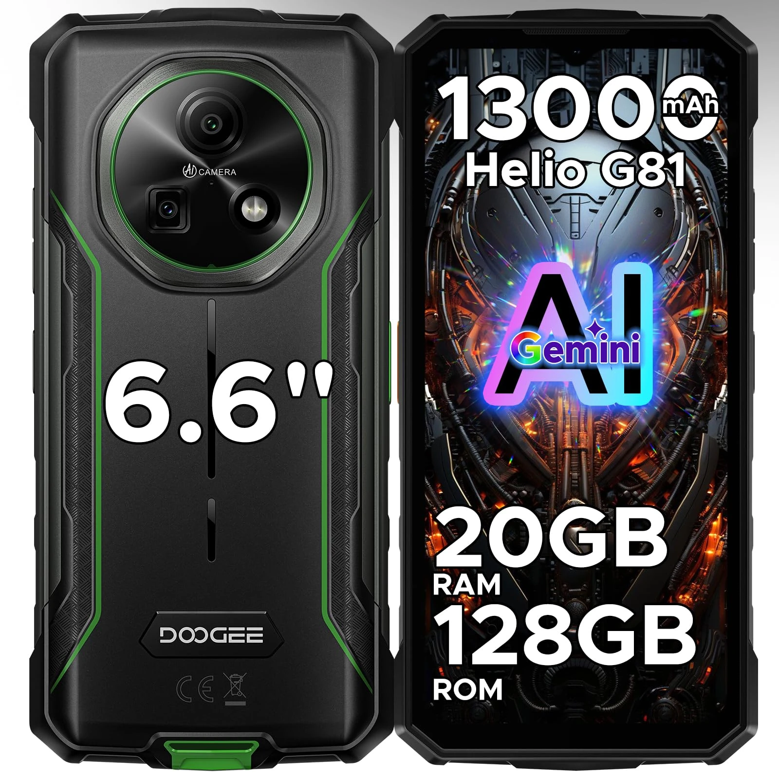 DOOGEE Fier 5 Pro Android 15 Rugged Smartphone & Gemini AI - 20GB + 128GB, 13000mAh & MTK Helio G81 Octa Core Rugged Phone,90Hz 6.6" HD+,13MP + 8MP,3 Card Slots Android Phone,Finger + Face ID/NFC/GPS