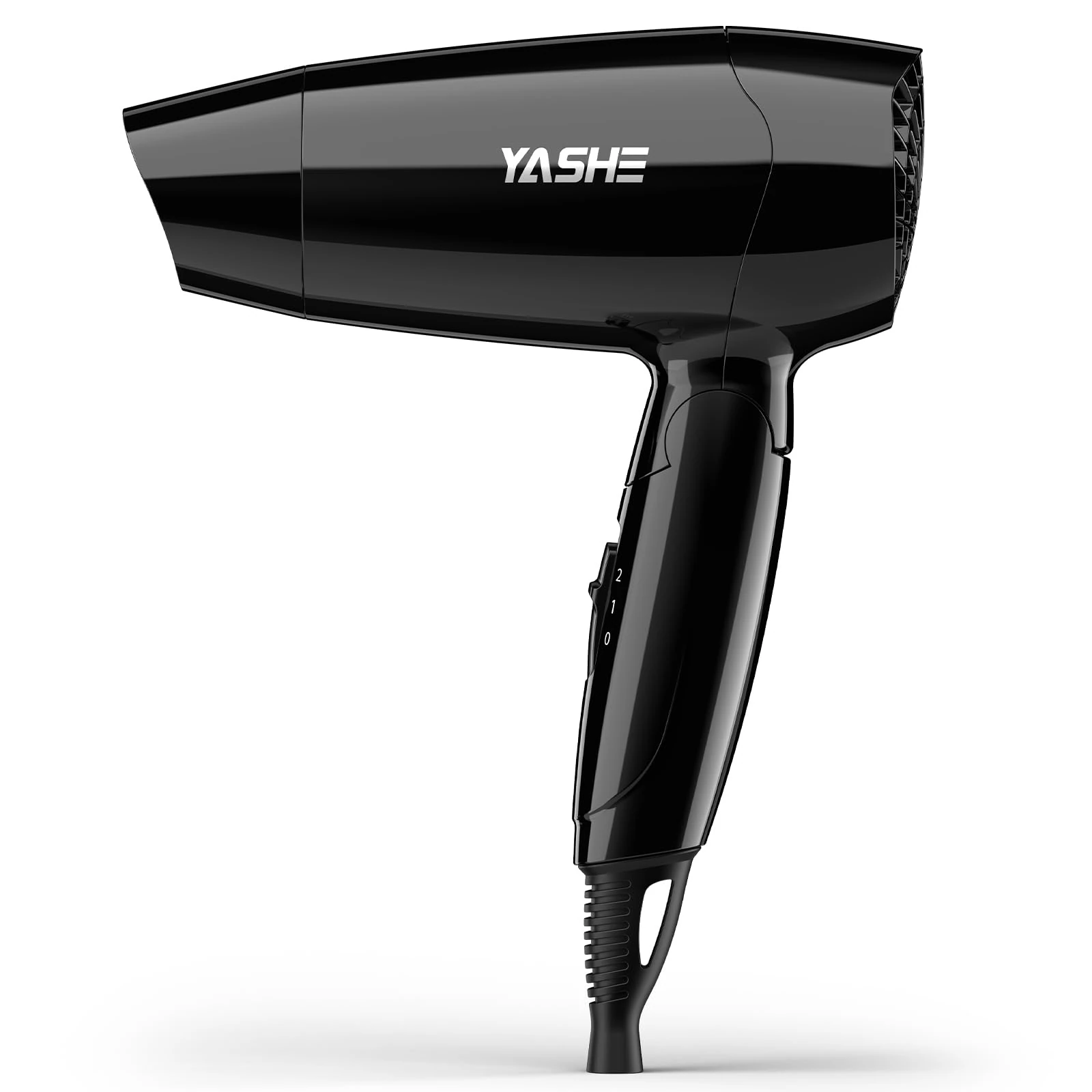 YASHE Foldable Mini Hair Dryer, 1200W Compact Blow Dryer with 2 Heat & Speed Settings, Precision Nozzle, 1.8m Cord, Hanging Hook, Lightweight for Travel, Home, Hotel or Dorm, Glossy Black