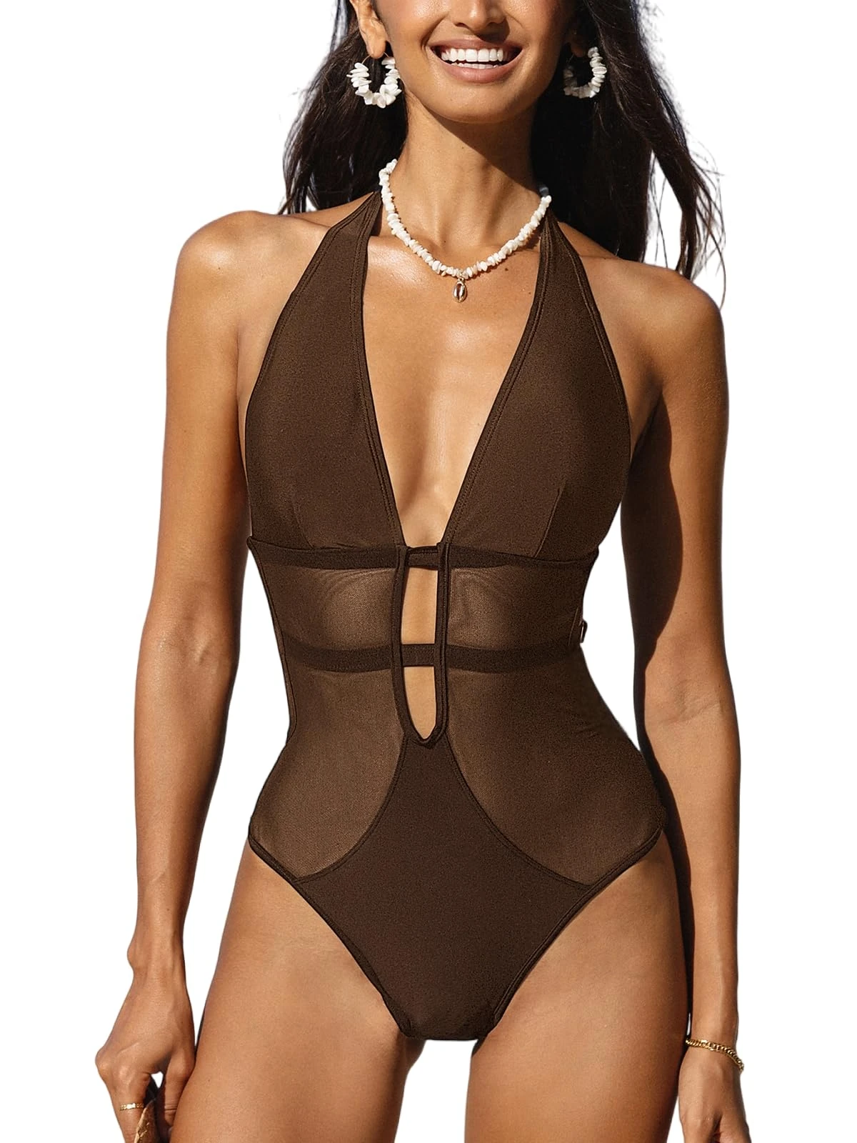 CUPSHE Women's One Piece Swimsuit Swimming Costume Deep V Neck Halter Back Tie Mesh Swimwear Brown M