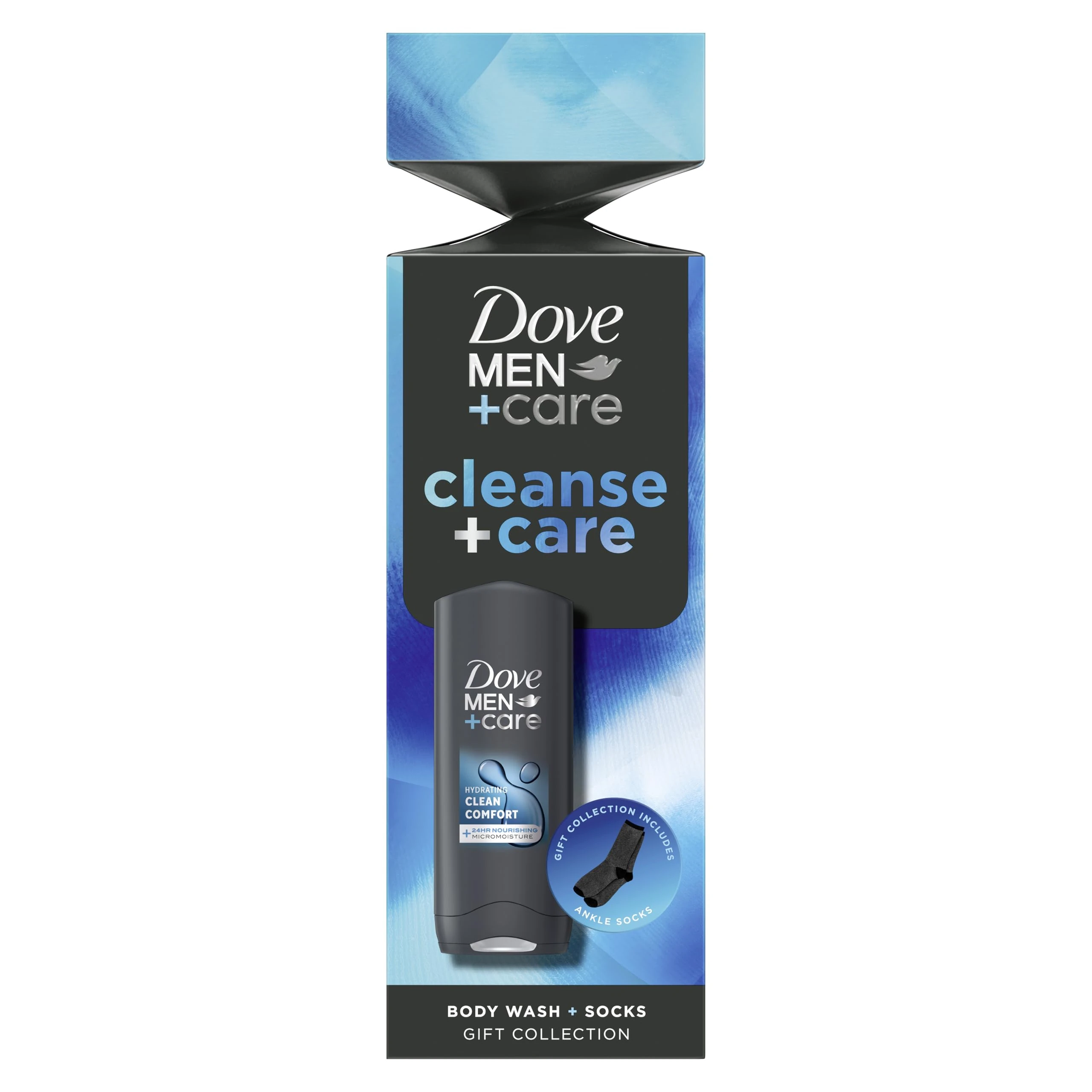 Dove Men+Care Cleanse+Care Body Wash & Socks Gift Set with a 3-in-1 hair, face & body wash and socks in a stylish cracker perfect gifts for men 1 piece