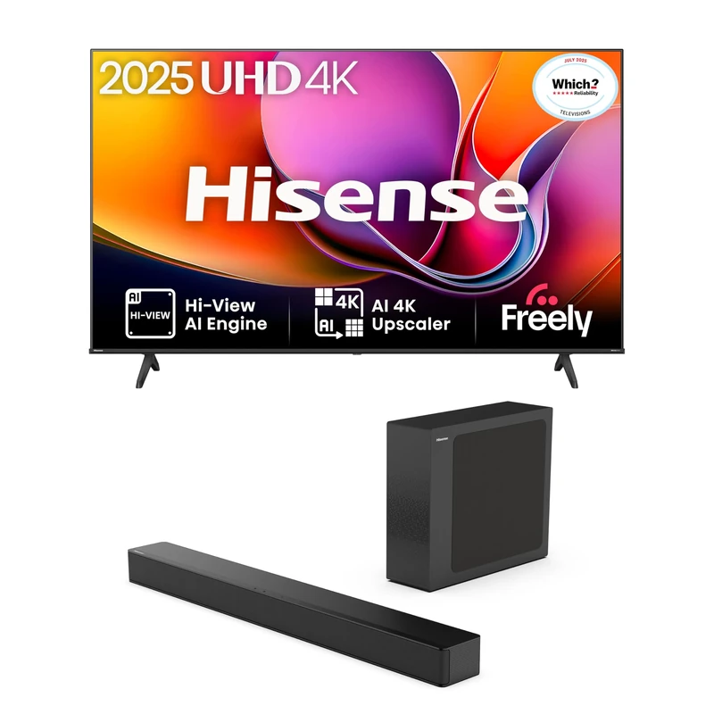 Hisense TV & Soundbar Bundle: 58A6QTUK 4K TV plus the HS2100 Soundbar – stunning clarity meets compact surround sound