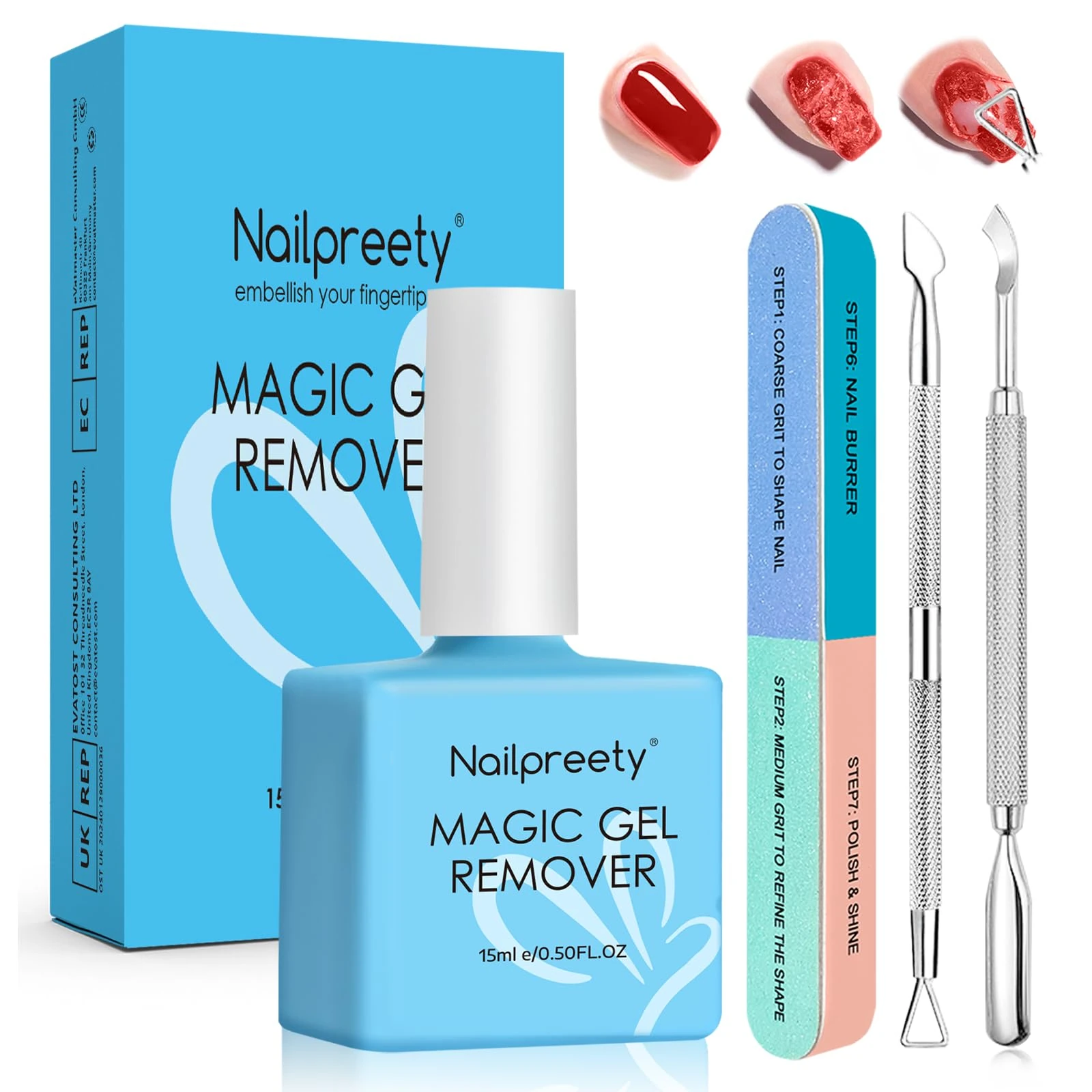 15ml Gel Nail Polish Remover Kit, Fast Gel Polish Remover with Nail Polish Peeler Scraper and Nail File Buffer, Easily Removes Polish within 2-5 Minutes