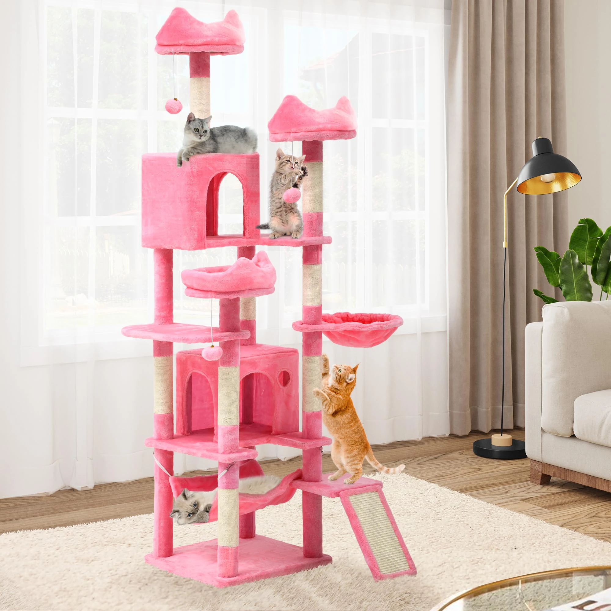 YITAHOME Large Cat Tree, 190 cm Tall Large Cat Tower, with 8 Scratching Posts, 3 Platforms, 2 Caves, Basket, Hammock, Plush Balls, Scratching Board, Climbing Tree for Cats, Pink