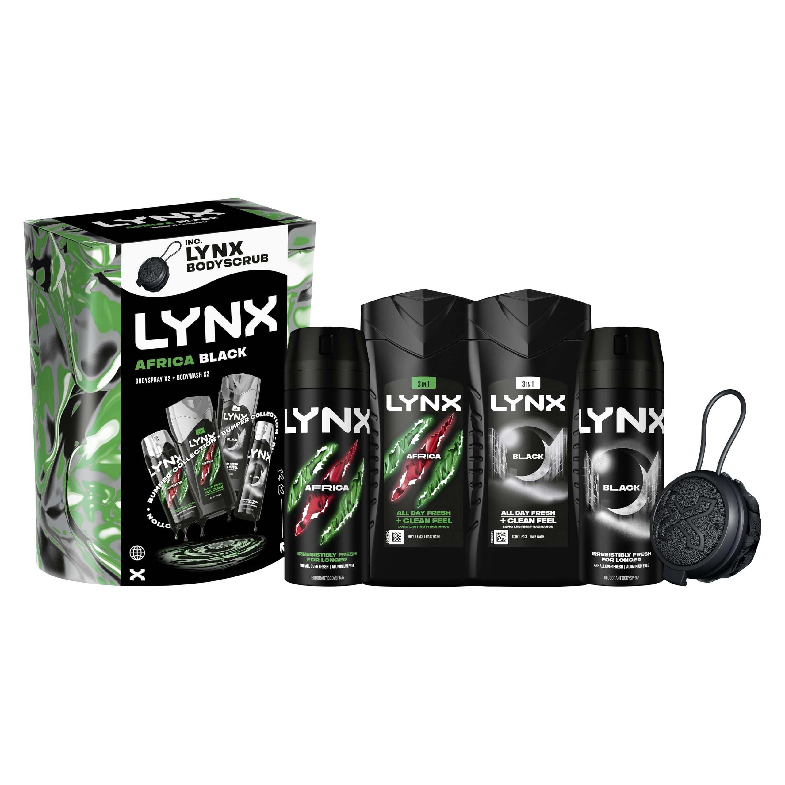 Lynx Africa & Black Bumper Gift Set with two body wash and body spray duos & a Body Scrub Tool perfect gifts for him 4 piece