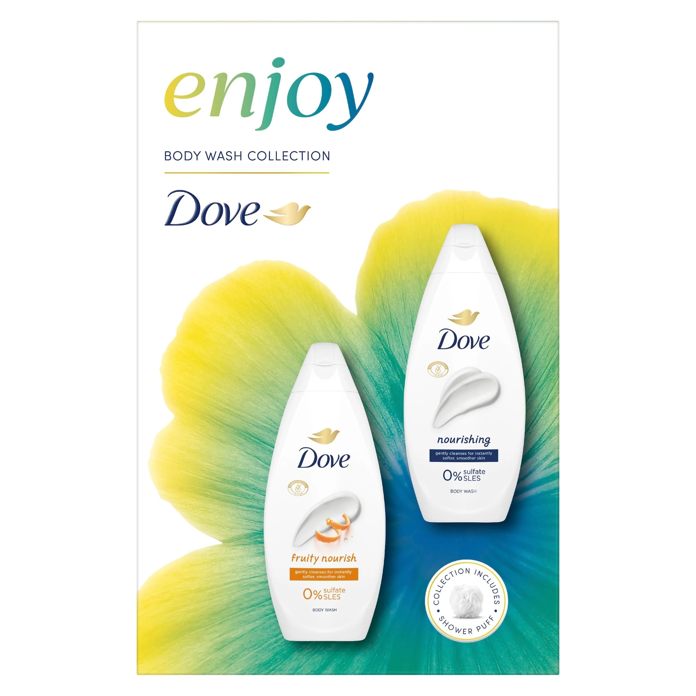 Dove Enjoy Duo Gift Set Body Wash Collection with a shower puff perfect gifts for her 2 piece