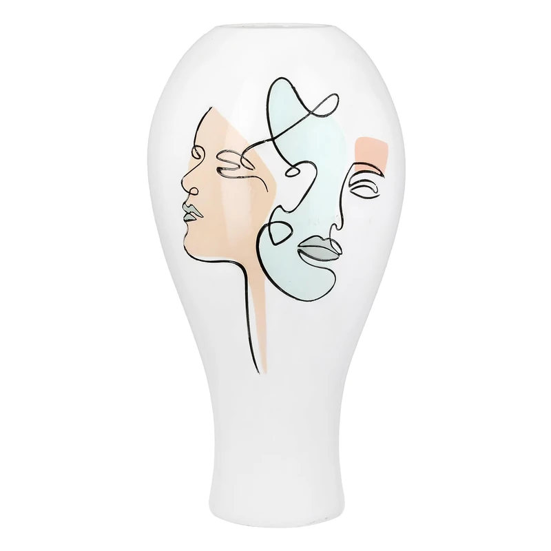 Casablanca Voir Vase, Resin, White, Face Motif, Height 36 cm x Diameter 19 cm, Bulbous Decorative Vase