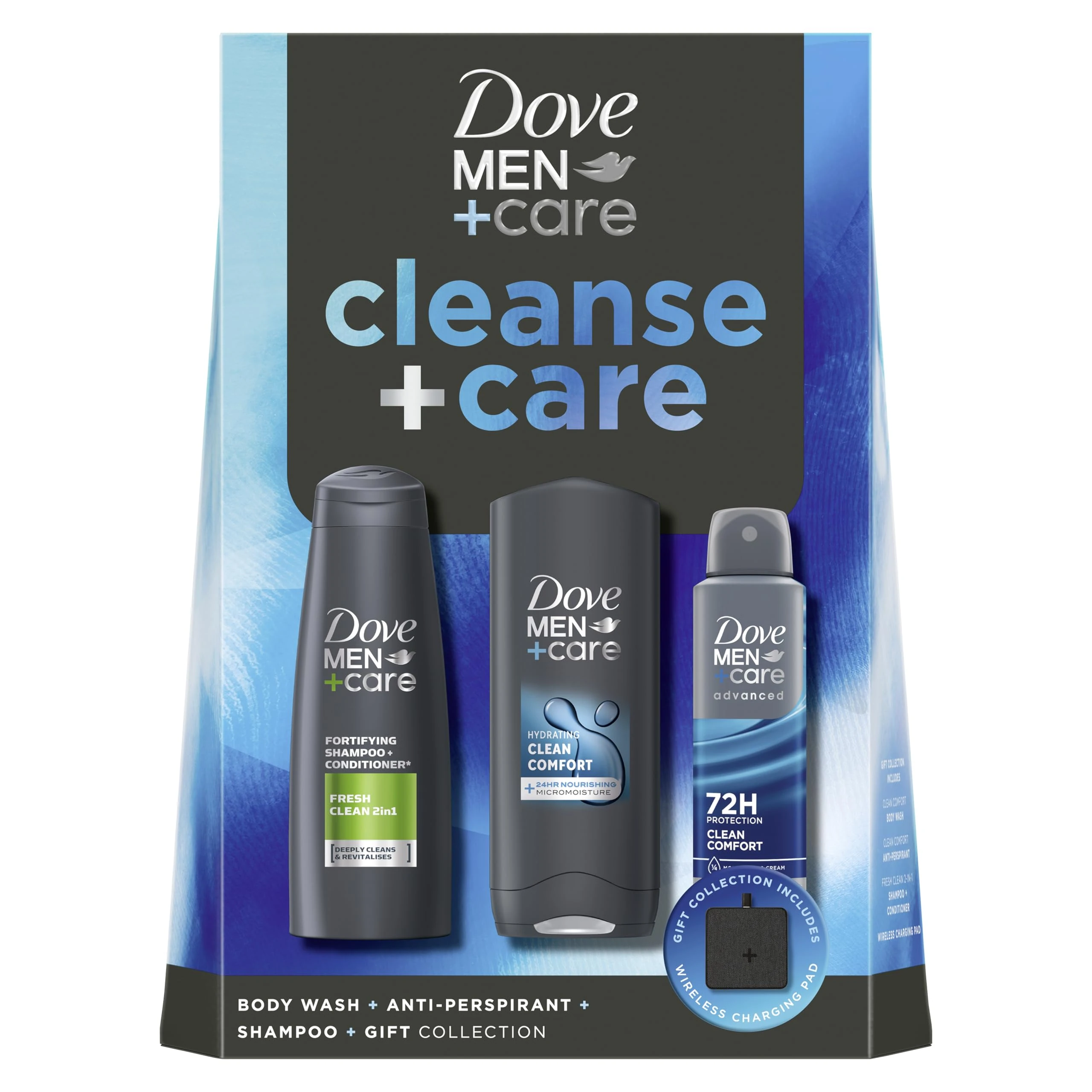 Dove Men+Care Cleanse+Care & Charging Pad Gift Set body wash, 2-in-1 shampoo & conditioner and anti-perspirant perfect gifts for men 3 piece