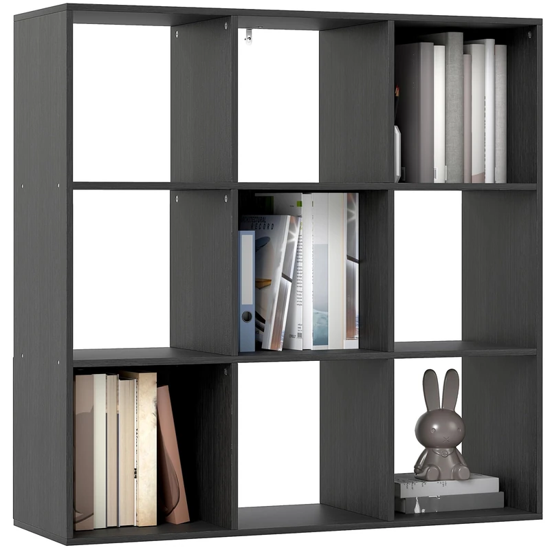 HOMCOM 3 Tier Bookshelf, Modern Cube Bookcase with 9 Open Storage Compartments, Freestanding Display Storage Unit for Living Room, Bedroom, Study, Black