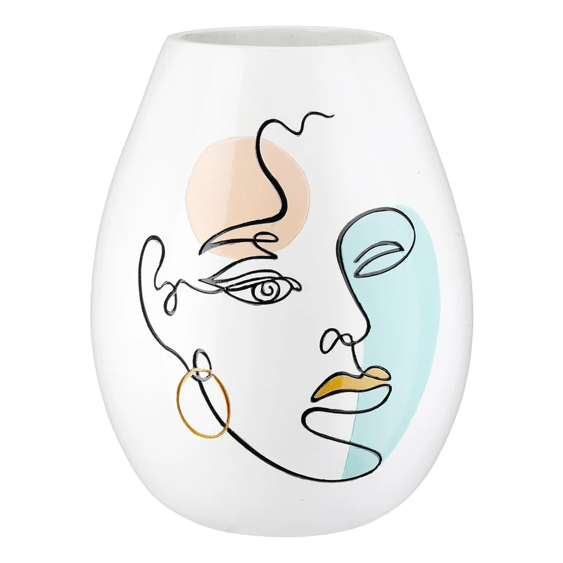 Casablanca Voir Vase, Resin, White, Height 28 cm x Diameter 22 cm, Face Motif, Bulbous Flower Vase