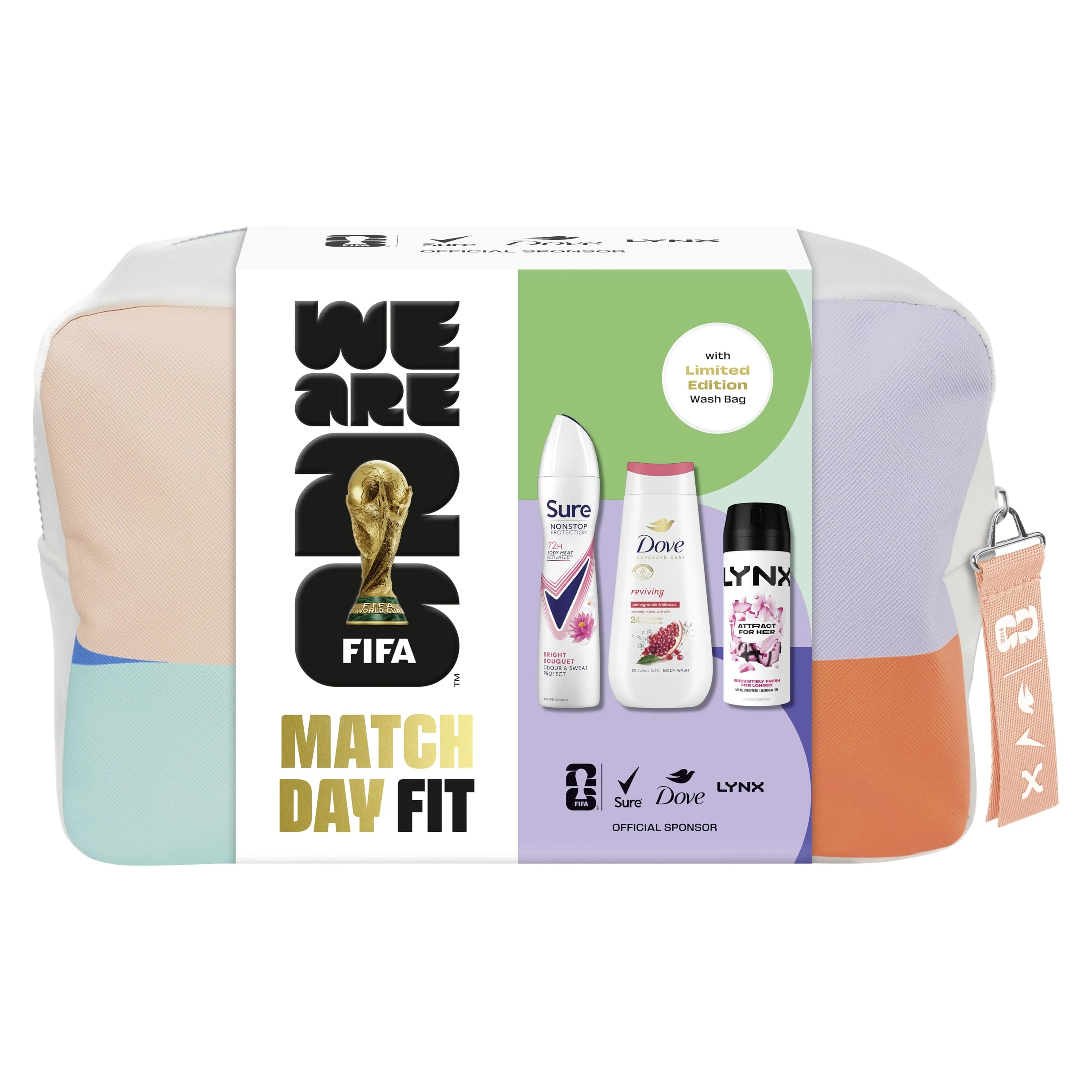 Dove, Lynx, Sure Washbag for Her Gift Set with an advanced anti-perspirant, body wash, body spray & a limited edition wash bag Match Day Fit for her 3 pc