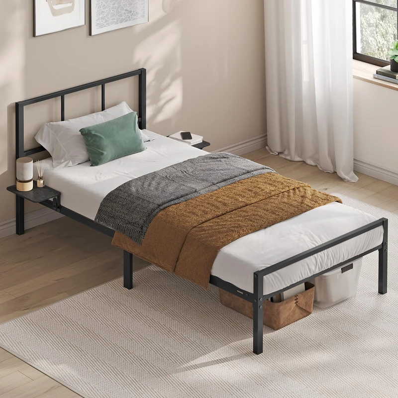 VASAGLE Single Metal Bed Frame with Headboard, Bedside Shelves, for 90 x 190 cm Mattresses, Guest Bed Frame, for Teens, Easy Assembly, Matte Black RMB191BD01