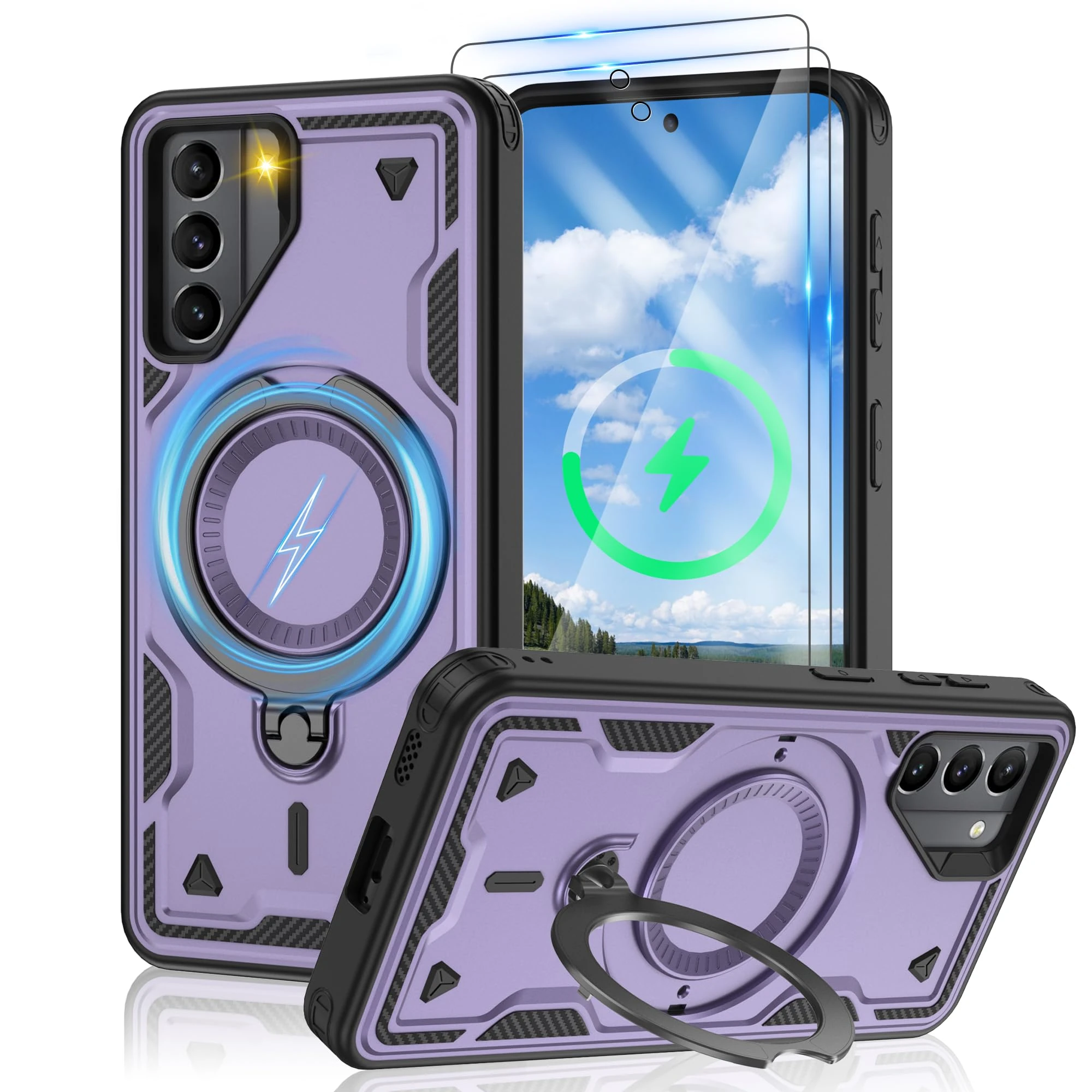 Jshru 3 in 1 Magnetic for Samsung S21 Case,Compatible with MagSafe | Built-in Stand | 2 Pack HD Screen Protector,Military-Grade Shockproof Protective Cover for Samsung Galaxy S21 5G,Purple