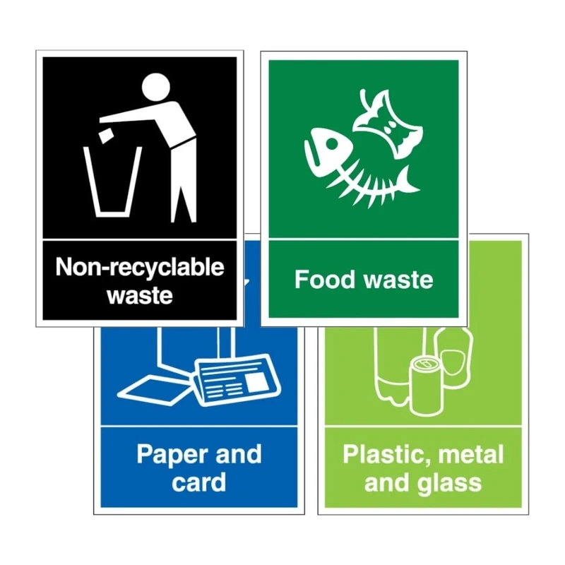 V Safety Simpler Recycling Sign 4-Pack | Colour-Coded Waste Segregation Signs | Durable & Easy to Read | Made in UK (Multi, 450 x 600 mm)
