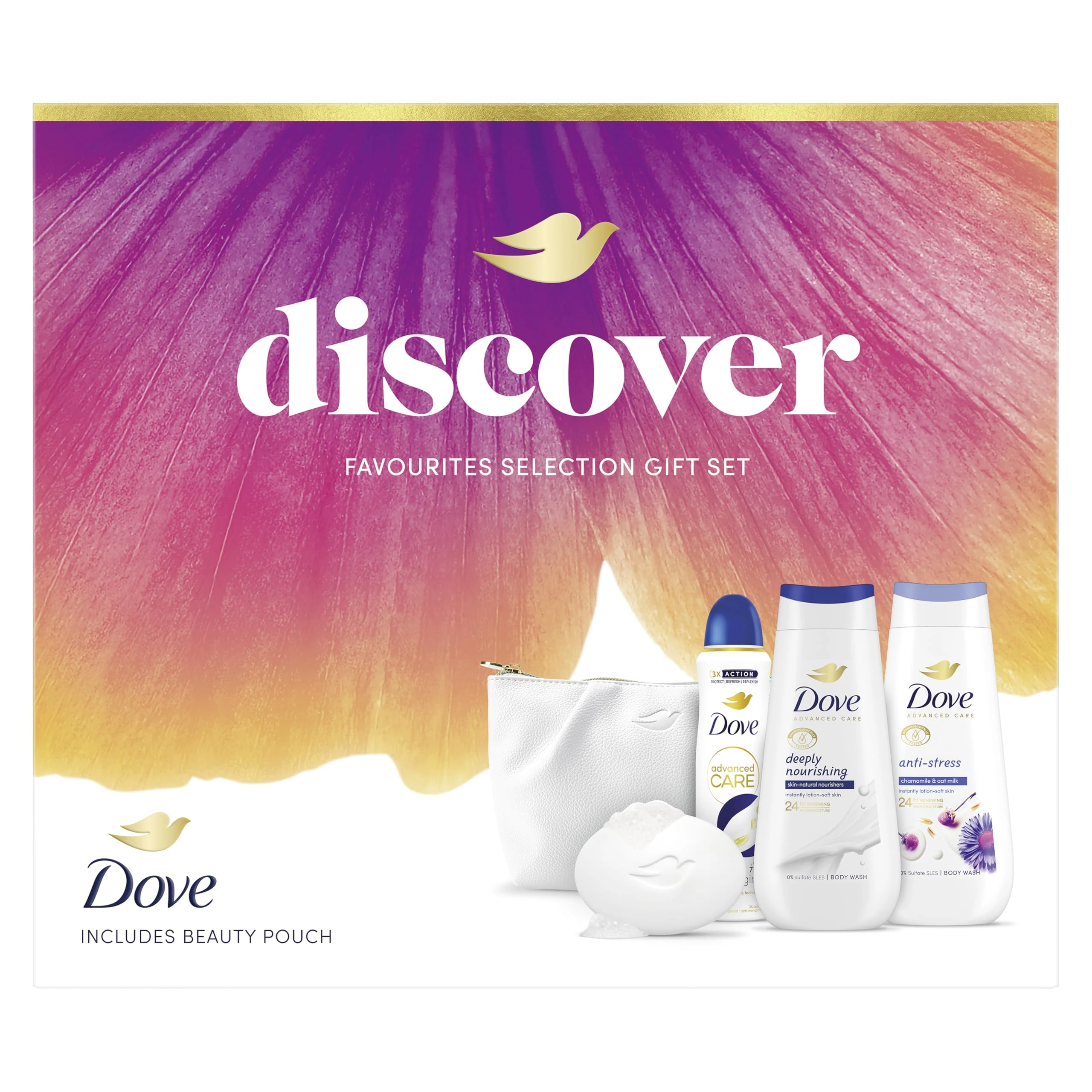 Dove Discover Favourites Selection Gift Set with two body washes, an anti-perspirant, a beauty bar and a Beauty Pouch perfect gifts for her 4 piece
