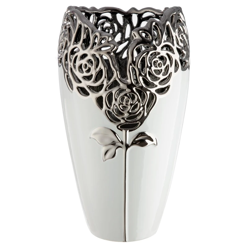 GILDE Rose Vase Ceramic Height 32 cm x Diameter 18 cm White Glazed with Rose Motif Decorative Vase - Image 1