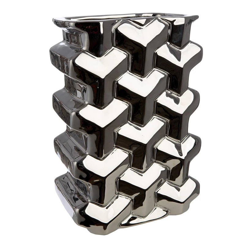 GILDE Apollo Ceramic Vase, Height 30 cm, Rectangular, Glossy, Silver, Decorative Vase
