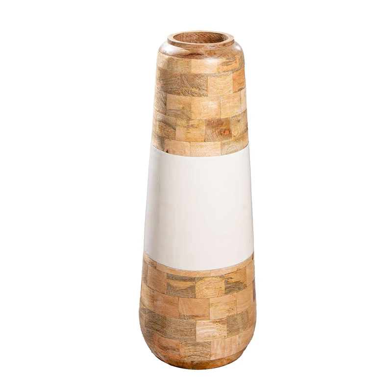 GILDE Naturelle Mango Wood Vase Height 59 cm x Diameter 22 cm Conical Shape Natural and White Glossy and Matt Decorative Vase