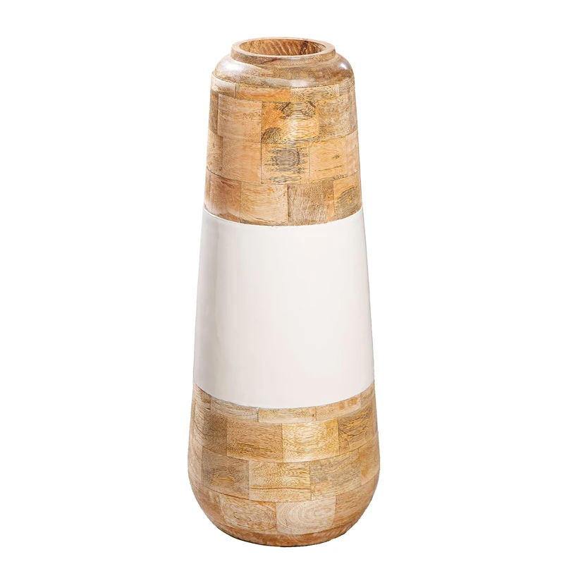 GILDE Naturelle Mango Wood Vase Height 49 cm x Diameter 20 cm Conical Shape Natural and White Glossy and Matt Decorative Vase