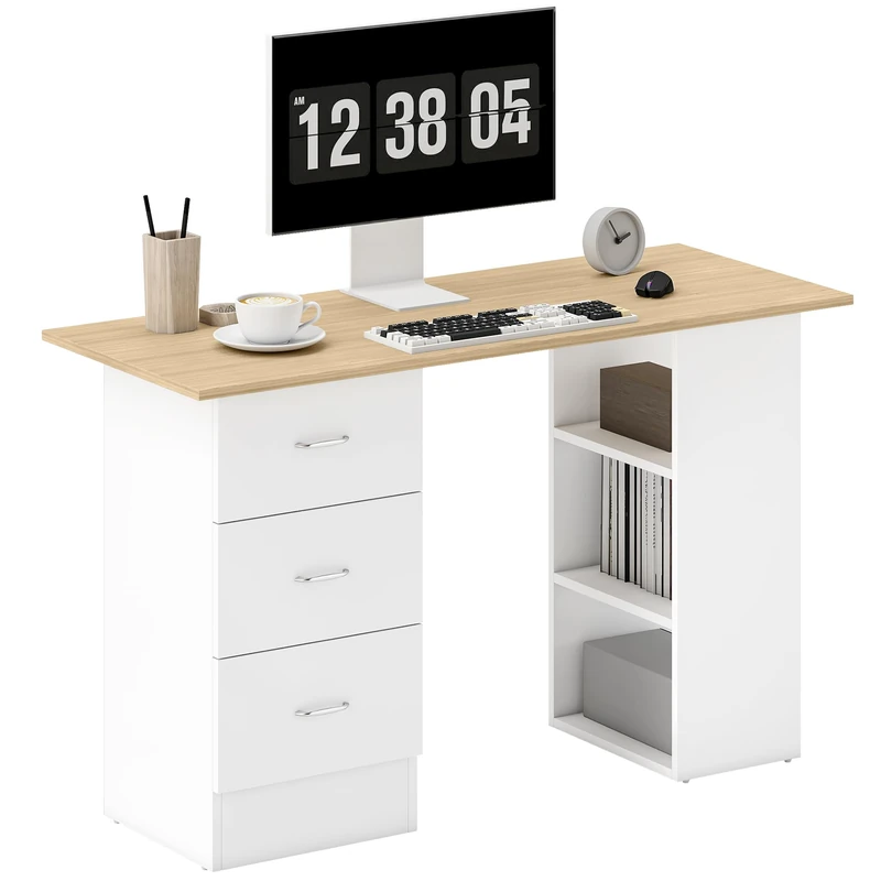 HOMCOM Computer Desk with Drawers, Home Office Desk, Writing Table, PC Workstation with 3 Storage Shelves for Working, Study, 120 x 49 x 72 cm, Natural Wood Finish and White - Image 1