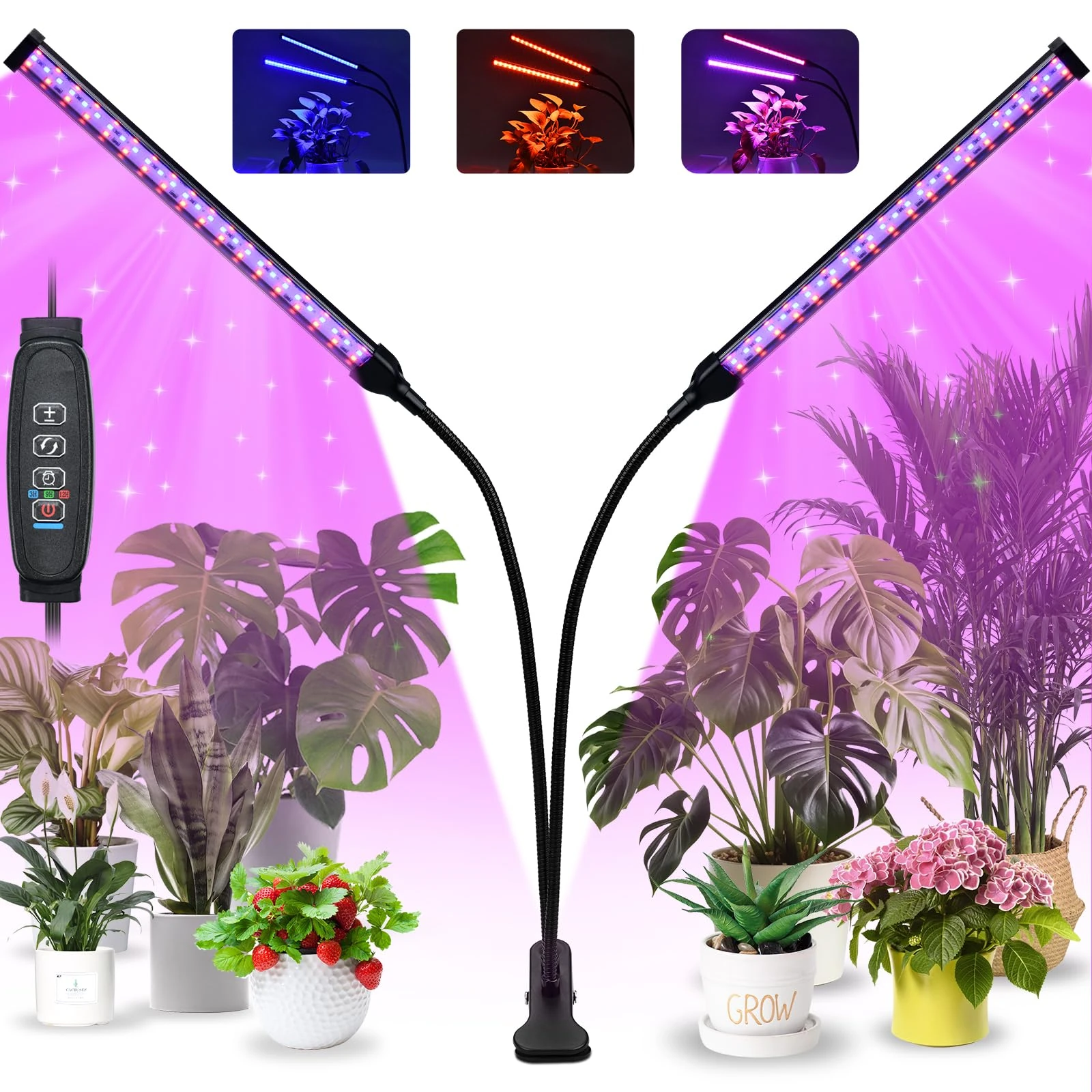 Brenth Grow Lights for Indoor Plants, 126 LEDs Full Spectrum LED Grow Light for Seedlings, 2 Heads Plant Light Indoor with Clip, 10-Level Dimmable, 3 Lighting Modes, Auto ON & Off Timer 3/9/12H