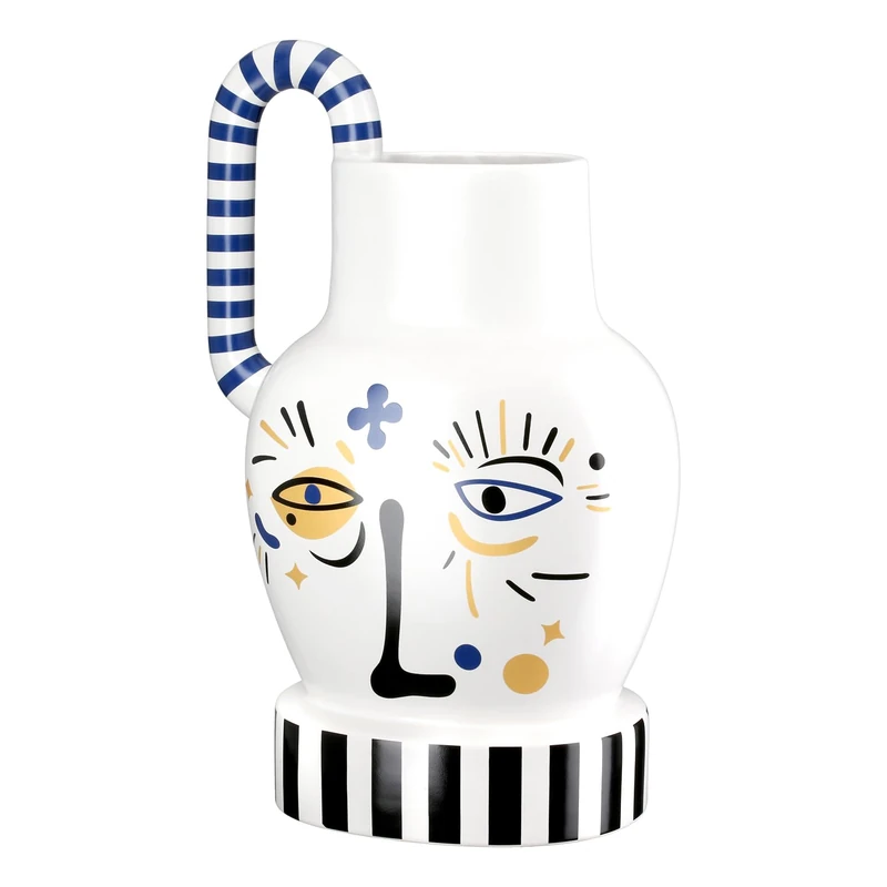 GILDE Fira Ceramic Handle Vase - White - Height 36 cm x Width 24 cm - with Face Motif - Waterproof Decorative Vase