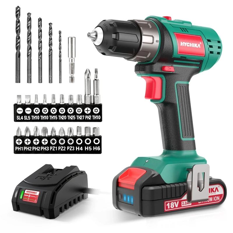 HYCHIKA Cordless Drill Driver 2.0Ah, 26Pcs Combi Drill Accessories, 35Nm Max with 21+1 Torque Fast Charger for DIY Home Garden Projects