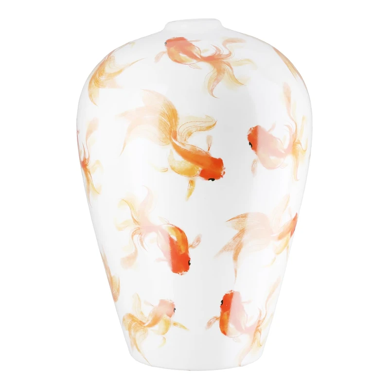 GILDE Neon Vase, Ceramic, White, Height 30 cm x Diameter 20 cm, Fish Motif, Bulbous Decorative Vase, Waterproof