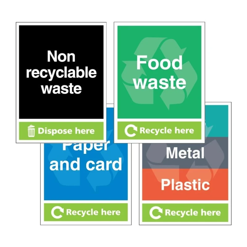 V Safety Simpler Recycling ‘Recycle Here’ Sign 4-Pack | Clear Waste Segregation Signs | Durable & Easy to Read | Made in UK (Multi, 300 x 400 mm)