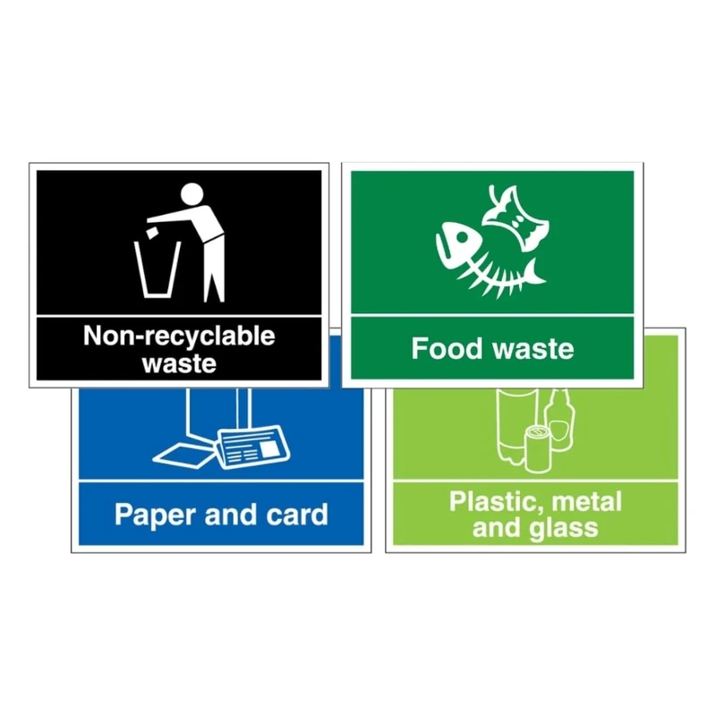 V Safety Simpler Recycling Sign 4-Pack | Colour-Coded Waste Segregation Signs | Landscape | Durable & Easy to Read | Made in UK (Multi, 600 x 450 mm)