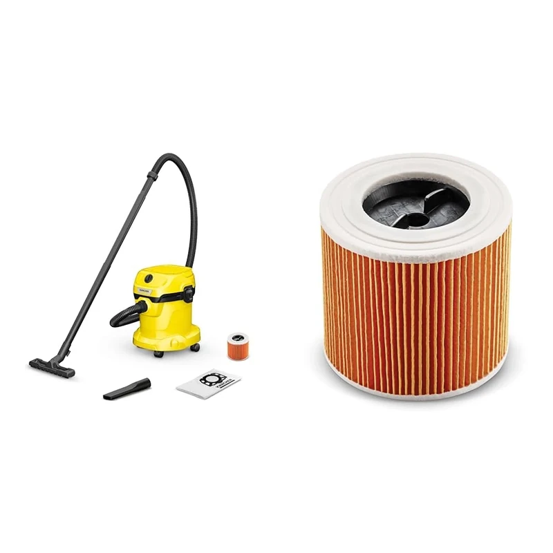 Bundle of Kärcher WD 2 Plus V-15/4/18/C 1.628-016.0, Wet & Dry Vacuum, Yellow, 1000W, 15 liters, 79.2 Decibeles + Kärcher Cartridge Filter KFI 3310: 1 piece, custom-fit for Wet and Dry Vacuum Cleaners