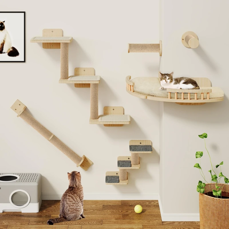 YITAHOME Cat Climbing Wall Set Made of Wood, 7 Pcs Sturdy Furniture with Scratching Posts, Corner Platform, Stair Climbers, and Cat Bed for Cats Sleeping, Playing, and Lounging