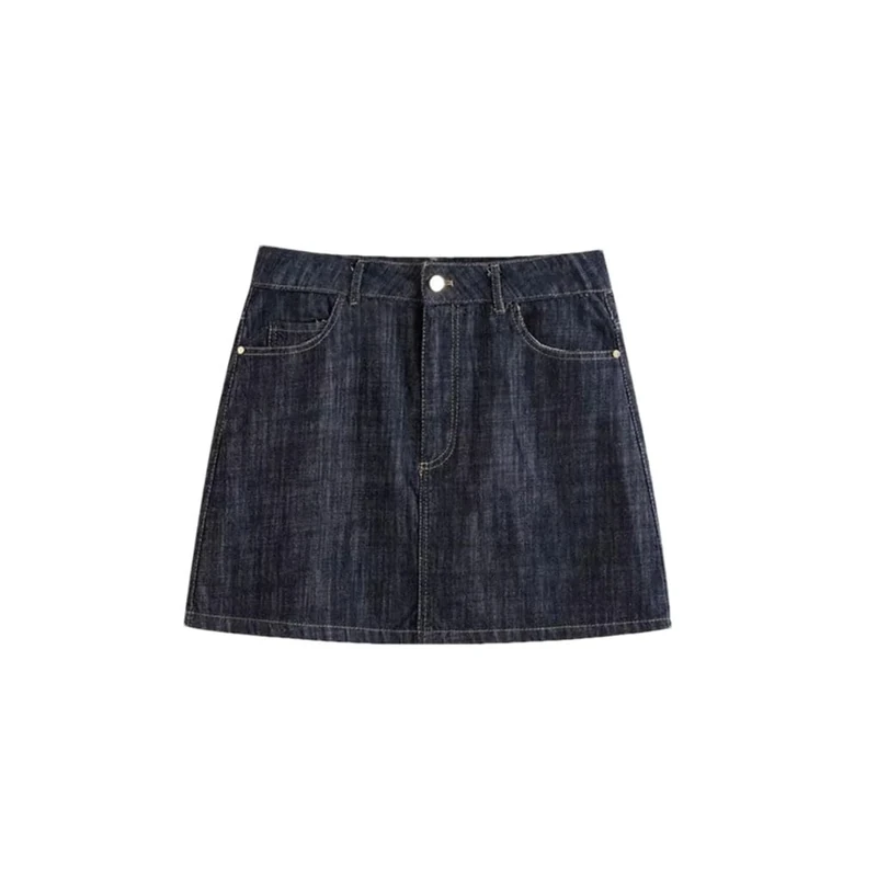 Women's Denim Mini Skirt with Pockets, High Waist Zip-Up Skirt Denim Blue M