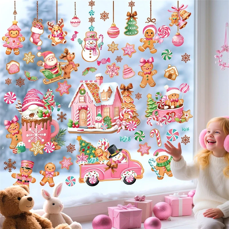 decalmile Pink Christmas Gingerbread Man Double Sided Window Clings Reusable Xmas Peppermint Candyland House Cookie Car Anti-Collision Glass Doors Window Stickers Decals