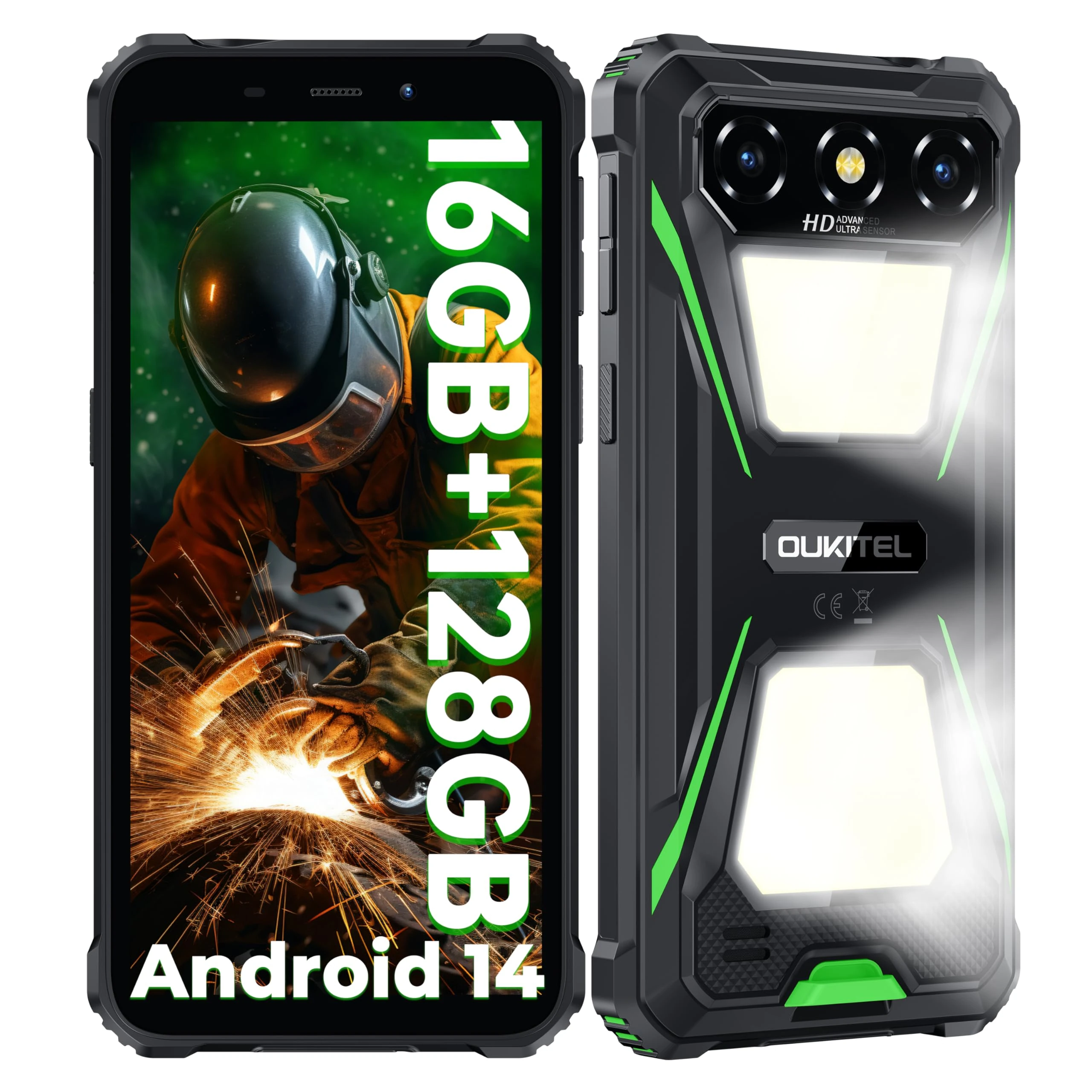OUKITEL G5 Rugged Phone – Android 14 Rugged SmartPhone,16GB RAM+64GB ROM/1TB Mobile Phones, 6300mAh Battery 6" HD+ Display Tough Phone, Ultra-Bright Camping Light, 5G WiFi/BT5.0/OTG/GPS, Green