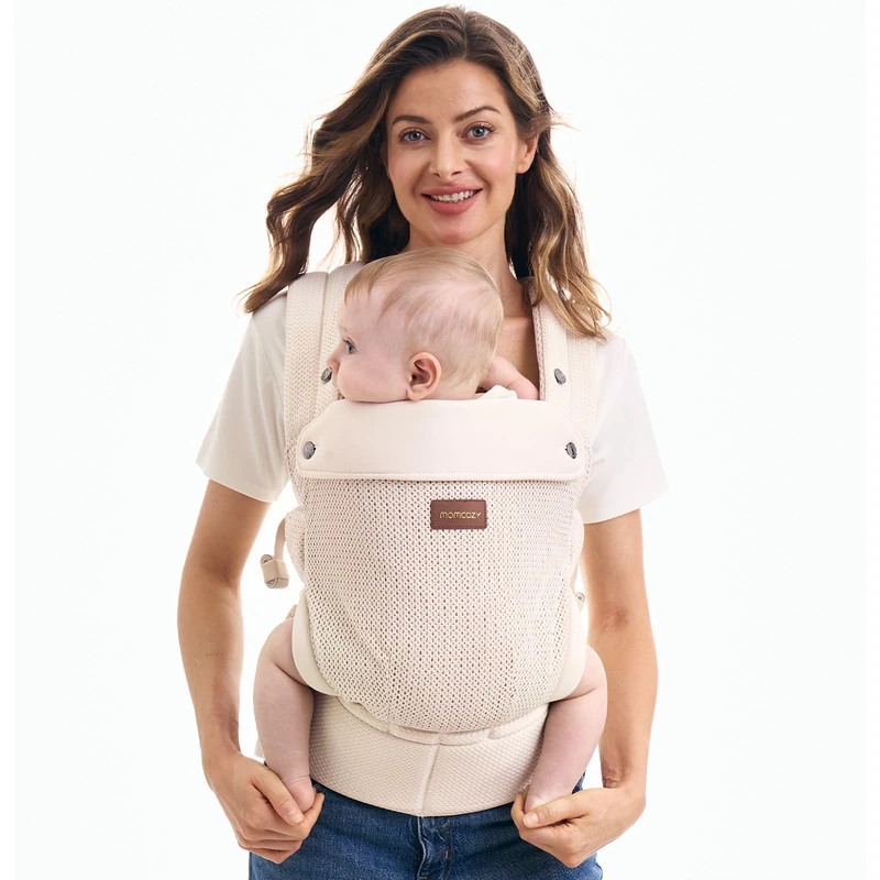 Momcozy Breathable Mesh Baby Carrier for 3–24 Months, Lightweight Ergonomic Cotton Carrier, Easy to Put On, Designed for Comfortable Hands-Free Carrying, Supportive Waist Design, Air Mesh-Apricot