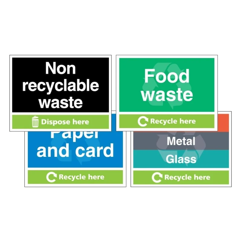 V Safety Simpler Recycling ‘Recycle Here’ Sign 4-Pack | Clear Waste Segregation Signs | Landscape | Durable & Easy to Read | Made in UK (Multi, 400 x 300 mm)