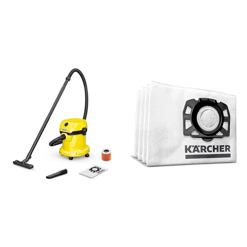 Bundle of Kärcher WD 2 Plus V-15/4/18/C 1.628-016.0, Wet & Dry Vacuum, Yellow, 1000 W, 15 liters, 79.2 Decibeles + Kärcher Original Fleece Filter Bag KFI 357 4 pieces, 3-ply, tear resistant and robust