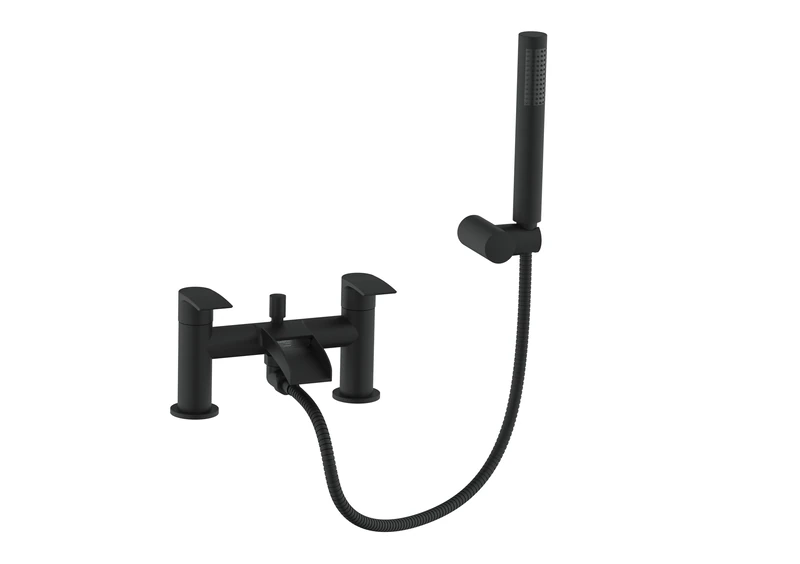VeeBath Stream Round Waterfall Bath Shower Mixer Tap – Matt Black Finish Double Lever, Deck Mounted Bathroom Tap, Includes Round Showerhead & Kit, Modern Bath Mixer Tap with G3/4" BSP Inlet
