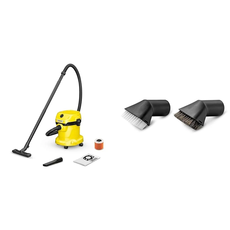 Bundle of Kärcher WD 2 Plus V-15/4/18/C 1.628-016.0, Wet & Dry Vacuum, Yellow, 1000 W, 15 liters, 79.2 Decibeles + Kärcher Original Suction brush kit, Black