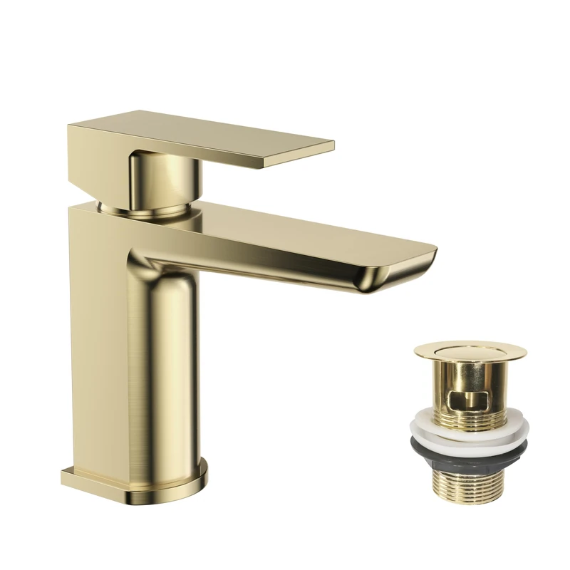 VeeBath Lagoon Soft Square Basin Mixer with Pop-Up Waste – Modern Brushed Brass Finish, Single Lever Control, G1/2" BSP Inlet, Deck Mounted Bathroom Taps, Bath and Basin Taps - Image 1