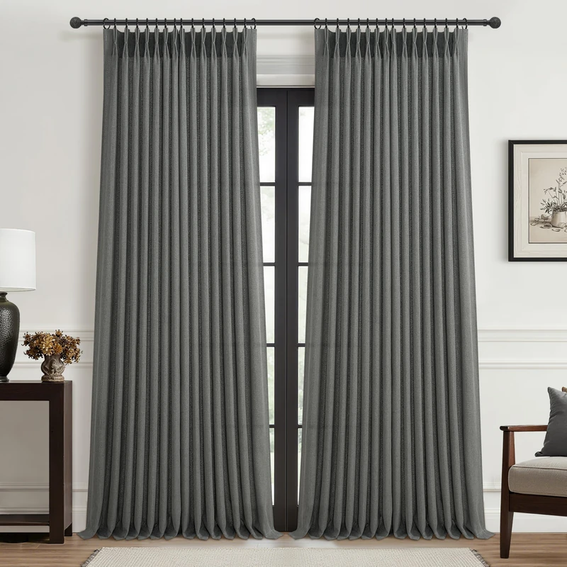 Natural Linen Semi Sheer Ceiling Curtains 102 Inches Long 2 Panels for Patio Sliding Glass Door, Dark Grey Luxury Pinch Pleat Living Room Light Filtering Curtain with Track System Burg Decor 40Wx102L