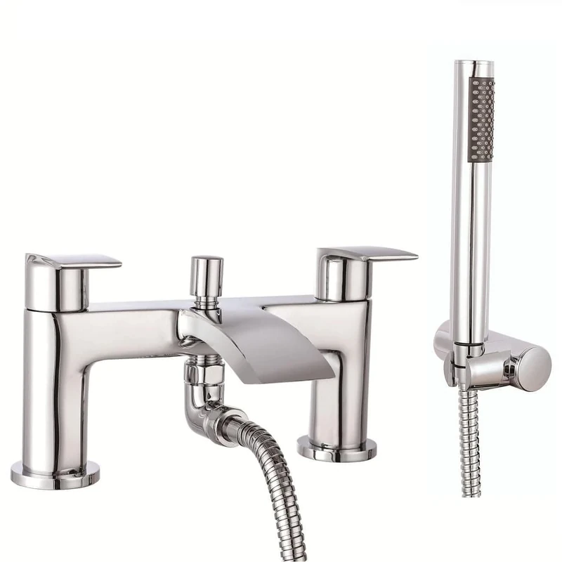 VeeBath Cascade Bath Shower Mixer – Chrome Finish, G3/4" Inlet, Dual Lever, Deck Mounted Bath Mixer Taps with Round Shower Head, Double Round Edge Modern Bathroom Tap